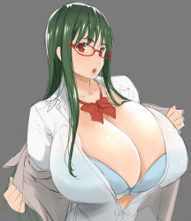 Rule 34 | 1girl, bra, breasts, cleavage, collarbone, female focus, gigantic breasts, glasses, green hair, highres, jacket, kloah, long hair, necktie, open clothes, open jacket, open mouth, open shirt, otsuka ren, red eyes, ribbon, shirt, solo, teeth, underwear