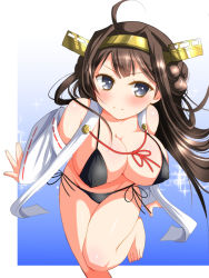 Rule 34 | 10s, 1girl, ahoge, bikini, black bikini, blue eyes, blush, bouncing breasts, breasts, brown hair, cleavage, covered erect nipples, deego (omochi bazooka), detached sleeves, female focus, hairband, huge breasts, kantai collection, kongou (kancolle), leaning forward, long hair, looking at viewer, smile, solo, swimsuit