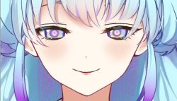 Rule 34 | 1girl, blue hair, blush, close-up, commentary, english commentary, eyebrows hidden by hair, kinokohime, looking at viewer, portrait, purple eyes, sidelocks, smile, solo, tsunderia, umiushi urara, virtual youtuber