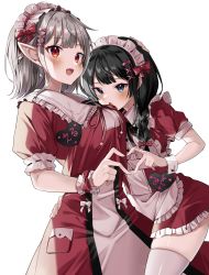 Rule 34 | 2girls, absurdres, apron, black hair, braid, breasts, dress, earrings, elf, elu (8th costume) (nijisanji), elu (nijisanji), frills, hair ornament, hair ribbon, heart, heart hands, height difference, highres, ia 1928, jewelry, large breasts, long hair, looking at viewer, maid, maid headdress, medium hair, multiple girls, nijisanji, open mouth, pointy ears, red eyes, ribbon, thighhighs, tsukino mito, tsukino mito (9th costume), twin braids, virtual youtuber, x hair ornament