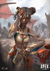 Rule 34 | 1girl, absurdres, apex legends, blood, blood on face, blood on hands, braid, braided bun, breasts, cleavage, cleavage cutout, clothing cutout, commentary, d.o.c. health drone, dark-skinned female, dark skin, english commentary, green lips, green nails, gun, hair bun, handgun, highres, holding, holding gun, holding weapon, kings canyon, lifeline (apex legends), logo, medium breasts, nail polish, official alternate costume, one eye covered, pants, pistol, re-45 auto, shrug (clothing), side braid, silver hair, solo, trembling, warren nguyen, weapon, white pants, worlds apart lifeline