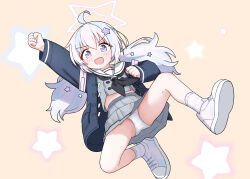 Rule 34 | 1girl, absurdres, ahoge, black jacket, black neckerchief, blue archive, blush, full body, grey skirt, hair ornament, highres, jacket, long hair, long sleeves, looking at viewer, multicolored hair, neckerchief, open clothes, open jacket, open mouth, orange background, panties, pink footwear, pink hair, pleated skirt, purple eyes, purple hair, reisa (blue archive), saho 4545, sailor collar, shoes, simple background, skirt, smile, socks, solo, star (symbol), star hair ornament, striped clothes, striped socks, underwear, white panties, white sailor collar