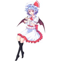 Rule 34 | 1girl, black socks, blouse, blue hair, blush, cup, demon wings, frills, full body, hat, highres, junior27016, kneehighs, looking at viewer, mob cap, open mouth, pink eyes, pointy ears, puffy short sleeves, puffy sleeves, remilia scarlet, saucer, shirt, short hair, short sleeves, simple background, sitting, skirt, smile, socks, solo, teacup, touhou, white background, white shirt, white skirt, wings