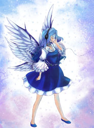 Rule 34 | 1girl, angel wings, armband, blue dress, blue hair, blue skirt, closed eyes, cross, dress, frilled sleeves, frills, gradient background, hand on own face, headphones, highres, jewelry, light particles, long hair, long sleeves, muutzi, necklace, sariel (touhou), skirt, smile, solo, sparkle, touhou, touhou (pc-98), wings