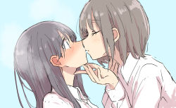 Rule 34 | 2girls, absurdres, betock, black hair, blue background, blush, brown hair, closed mouth, collared shirt, commentary, dutch angle, ear blush, closed eyes, hand on another&#039;s chin, highres, imminent kiss, long hair, looking at another, medium hair, multiple girls, original, shirt, simple background, steam, upper body, white shirt, yuri