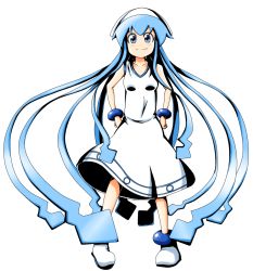 Rule 34 | 1girl, absurdly long hair, ankle boots, bare arms, blue eyes, blue hair, blush, boots, bracelet, breasts, collarbone, dress, full body, hands on own hips, hat, highres, ikamusume, jewelry, k.u.n.e., long hair, looking at viewer, matching hair/eyes, shinryaku! ikamusume, simple background, small breasts, smile, solo, squid hat, sundress, tentacle hair, very long hair