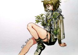 Rule 34 | arknights, bridal garter, bright pupils, brown eyes, brown hair, chinese text, feathers, feet out of frame, flower, knee up, leaf, looking at viewer, plant, see-through, shoes, silence (arknights), sitting, sneakers, socks, thigh strap, white pupils, zig-zag pattern, zipper, zou xiaohua
