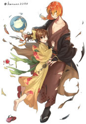 Rule 34 | 1boy, 1girl, alternate costume, brother and sister, brown eyes, brown hair, candy apple, closed mouth, crossed arms, delthea (fire emblem), fire emblem, fire emblem echoes: shadows of valentia, food, haru (nakajou-28), highres, holding, japanese clothes, kimono, long hair, long sleeves, luthier (fire emblem), nintendo, obi, one eye closed, open mouth, orange hair, ponytail, sash, siblings, simple background, torn clothes, twitter username, white background, wide sleeves