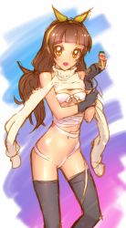 Rule 34 | 1girl, :d, amanogawa kirara, bandages, bare shoulders, bottle, bow, bow hairband, breasts, brown eyes, brown hair, clothes lift, fingerless gloves, gloves, go! princess precure, gridman universe, hair bow, hairband, holding, holding bottle, long hair, looking at viewer, low twintails, nadeara bukichi, navel, open mouth, precure, simple background, small breasts, smile, solo, sweater, sweater lift, tagme, thighhighs, turtleneck, turtleneck sweater, twintails, yellow bow