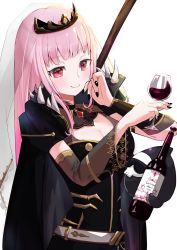 Rule 34 | 1girl, belt, black cloak, black dress, black nails, blush, bottle, breasts, cleavage, cloak, closed mouth, commentary, cowboy shot, cup, death-sensei (mori calliope), detached sleeves, dress, drinking glass, highres, holding, holding cup, hololive, hololive english, long hair, looking at viewer, medium breasts, mori calliope, mori calliope (1st costume), nail polish, one eye closed, pink hair, red eyes, see-through, see-through sleeves, simple background, smile, solo, spikes, straight hair, symbol-only commentary, tiara, tsukitoinu, veil, virtual youtuber, white background, white belt, wine bottle, wine glass