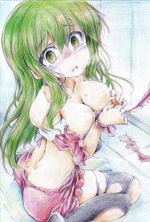 Rule 34 | 1girl, alternate hairstyle, ass, bad id, bad pixiv id, bdsm, black thighhighs, blush, bondage, bound, bound wrists, breasts, butt crack, cleavage, dimples of venus, green eyes, green hair, hair down, highres, kagiyama hina, long hair, looking at viewer, matching hair/eyes, nichibotsu (kitaziman), open mouth, pee, peeing, peeing self, solo, tears, thighhighs, torn clothes, torn thighhighs, touhou, traditional media