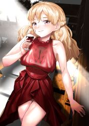 Rule 34 | 1girl, alcohol, alternate costume, bare shoulders, blonde hair, blush, braid, breasts, cleavage, commentary request, commission, cup, dress, drinking glass, french braid, hat, highres, holding, holding cup, igarashi mangou, kantai collection, large breasts, long hair, looking at viewer, purple eyes, red dress, skeb commission, sleeveless, sleeveless dress, solo, sparkle, stairs, wine, wine glass, zara (kancolle)