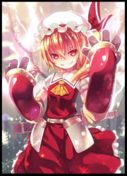 Rule 34 | 1girl, adapted costume, armor, armored dress, ascot, bad id, bad pixiv id, belt, blonde hair, female focus, flandre scarlet, framed, gauntlets, gloves, glowing, glowing wings, grin, hat, hat ribbon, kiira, looking at viewer, red eyes, ribbon, side ponytail, smile, solo, sword, touhou, weapon, wings