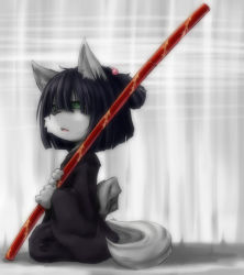 Rule 34 | 1girl, animal ears, bad id, bad pixiv id, commentary request, furry, furry female, green eyes, koishi chikasa, monochrome, original, short hair, snout, solo, spot color, sword, tail, weapon