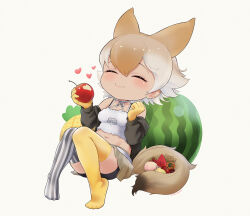 Rule 34 | 1girl, animal ears, apple, asymmetrical legwear, bare shoulders, beleven, black jacket, black thighhighs, blush, cherry, choker, closed eyes, coyopotato, coyote (kemono friends), crop top, extra ears, food, fruit, gloves, hair between eyes, highres, jacket, kemono friends, kemono friends v project, light brown hair, long sleeves, midriff, multicolored hair, navel, no shoes, orange hair, peach, pear, pineapple, shirt, short hair, sidelocks, sitting, solo, spaghetti strap, strawberry, striped clothes, striped thighhighs, tail, thighhighs, two-tone thighhighs, vertical-striped clothes, vertical-striped thighhighs, watermelon, white choker, white hair, white shirt, white thighhighs, wolf ears, wolf girl, wolf tail, yellow gloves, yellow thighhighs