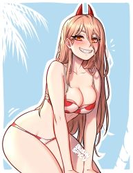 Rule 34 | 1girl, bare shoulders, bikini, blonde hair, blushyspicy, breasts, chainsaw man, cleavage, collarbone, commentary, demon horns, fangs, grin, highres, horns, large breasts, long hair, looking at viewer, palm tree, power (chainsaw man), red bikini, red horns, smile, solo, swimsuit, teeth, tree, white bikini