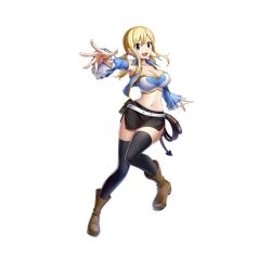 Rule 34 | 1girl, artist request, blonde hair, boots, breasts, brown eyes, cleavage, detached sleeves, fairy tail, full body, hair between eyes, large breasts, looking at viewer, lucy heartfilia, midriff, miniskirt, navel, official art, open mouth, skirt, solo, strapless, teeth, thighhighs, tongue, transparent background, tube top, twintails, valkyrie connect