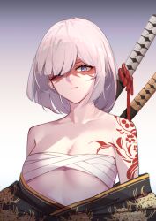 Rule 34 | 1girl, arm tattoo, bare arms, bare shoulders, black kimono, blue eyes, blunt bangs, bob cut, breast tattoo, breasts, budget sarashi, chest sarashi, cleavage, closed mouth, collarbone, commentary request, faicha, gradient background, hair over one eye, head tilt, japanese clothes, katana, kimono, looking at viewer, medium hair, multiple swords, off shoulder, one eye closed, original, partially undressed, print kimono, sarashi, sheath, sheathed, small breasts, solo, staring, swept bangs, sword, tattoo, weapon, weapon on back, white hair