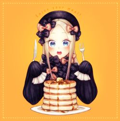 Rule 34 | 1girl, abigail williams (fate), black bow, black dress, black hat, blonde hair, blue eyes, blush, bow, bug, butter, butterfly, commentary request, dress, drooling, english text, eyes visible through hair, fate/grand order, fate (series), food, forehead, fork, hair bow, hands up, hat, holding, holding fork, holding knife, hugging object, insect, knife, long hair, long sleeves, looking at viewer, ohagi (ymnky), open mouth, orange bow, pancake, pancake stack, parted bangs, plate, polka dot, polka dot bow, sleeves past wrists, solo, stuffed animal, stuffed toy, syrup, teddy bear, teeth, upper teeth only, yellow background