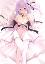 Rule 34 | 1girl, :o, absurdres, amacha, azur lane, bed sheet, black ribbon, blush, breasts, cleavage, commentary request, detached sleeves, dress, hair bun, hair ribbon, hands up, highres, long hair, long sleeves, lying, medium breasts, no shoes, nose blush, on back, one side up, pantyhose, parted lips, puffy long sleeves, puffy sleeves, purple eyes, purple hair, ribbon, see-through, side bun, single hair bun, single side bun, solo, strapless, strapless dress, striped clothes, striped legwear, striped pantyhose, unicorn (a dream of pure vows) (azur lane), unicorn (azur lane), vertical-striped clothes, vertical-striped legwear, vertical-striped pantyhose, very long hair, white dress, white legwear, white sleeves