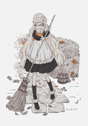 Rule 34 | 1girl, 99 yen (tsubura), artist name, bare shoulders, broom, bucket, detached sleeves, diamond (shape), closed eyes, facing viewer, flower, full body, hedge, highres, holding, holding broom, long hair, maid, original, outdoors, pale skin, path, road, simple background, solo, standing, very long hair, white background, white hair