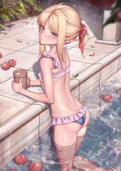 Rule 34 | 1girl, absurdres, ahoge, bikini, bingwei huang, blonde hair, blue eyes, blush, bow, breasts, closed mouth, commentary, cup, elf, feet out of frame, food, fruit, hair bow, highres, holding, holding cup, leaf, looking at viewer, medium hair, original, outdoors, parted bangs, peach, plant, pointy ears, pool, red bow, sidelocks, small breasts, solo, swimsuit, tankard, water, wet