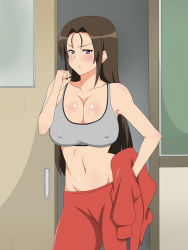 Rule 34 | 1girl, annoyed, bare arms, bare shoulders, blush, breasts, brown hair, cleavage, door, covered erect nipples, hand on own hip, highres, indoors, jacket, kagemusha, large breasts, legs, long hair, looking at viewer, midriff, navel, original, parted lips, purple eyes, red pants, solo, sports bra, standing, thighs