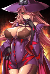 Rule 34 | 1girl, black gloves, black sclera, blazblue, blazblue: central fiction, breasts, cape, cleavage, colored eyelashes, colored sclera, dress, elbow gloves, female focus, gloves, hair over one eye, hat, konoe a. mercury, large breasts, long hair, looking at viewer, parted lips, phantom (blazblue), pink hair, purple dress, short dress, solo, takanashi-a, wide sleeves, witch hat, yellow eyes