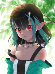 Rule 34 | 1girl, alternate costume, backlighting, black hair, black tank top, blue hair, blue jacket, blush, breasts, buren, commentary request, dappled sunlight, demon girl, demon horns, fang, flat chest, hair between eyes, hair intakes, highres, horns, jacket, looking at viewer, medium bangs, medium hair, multicolored hair, nanashi inc., off shoulder, open mouth, pointy ears, red eyes, shishio chris, small breasts, solo, strap slip, sunlight, tank top, tree, two-tone hair, two-tone tank top, upper body, virtual youtuber, white background, white tank top