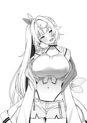 Rule 34 | 1girl, absurdres, ahoge, black choker, blush, breasts, choker, collarbone, front-tie top, greyscale, hair ornament, hair ribbon, head tilt, highleg, highleg panties, highres, hoshikawa sara, hoshikawa sara (1st costume), huge breasts, jacket, long hair, looking at viewer, monochrome, navel, nijisanji, off shoulder, open mouth, panties, panty straps, ribbon, senaka (kamemusikiller0723), shirt, short shorts, shorts, side ponytail, simple background, sleeves past fingers, sleeves past wrists, smile, solo, standing, stomach, tank top, tied shirt, underwear, very long hair, virtual youtuber, white background, white tank top, x hair ornament