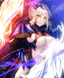 Rule 34 | 1girl, absurdres, armor, artoria pendragon (fate), artoria pendragon (lancer alter) (fate), black armor, black bodysuit, black cape, blonde hair, bodysuit, braid, breasts, cape, center opening, dark rhongomyniad, fate/grand order, fate (series), faulds, french braid, fuyuki (neigedhiver), hair between eyes, highres, horns, horse, horseback riding, lance, large breasts, llamrei (fate), long hair, looking at viewer, navel, pauldrons, polearm, revealing clothes, ribbed bodysuit, riding, shoulder armor, sidelocks, solo focus, thighs, underboob, weapon, yellow eyes