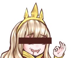Rule 34 | 1girl, bar censor, blonde hair, cagliostro (granblue fantasy), censored, disco brando, drooling, facing viewer, granblue fantasy, hairband, hand up, identity censor, long hair, ok sign, smile, solo, spiked hairband, spikes, transparent background