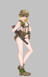 Rule 34 | 1girl, absurdres, ankle boots, black bra, black panties, blonde hair, blue eyes, blush, boots, bra, breasts, brown footwear, brown headwear, carrying, cleavage, clenched hand, commentary, cross-laced footwear, english commentary, frown, full body, german army, glaring, gloves, green gloves, grey background, grimace, gun, hand on own hip, harness, heel up, helmet, highres, looking at viewer, machine gun, medium breasts, medium hair, mp28, original, panties, simple background, solo, standing, steam, submachine gun, underwear, weapon, weapon request, world war ii, yellow chease
