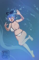 Rule 34 | 1girl, air bubble, arm up, armpits, asphyxiation, barefoot, bikini, black ribbon, blue hair, blush, breasts, breasts out, bubble, cleavage, dif (difman), difman, drowned, drowning, full body, highres, holding breath, jewelry, knees, large breasts, navel, necklace, nipples, open mouth, original, puffy cheeks, ribbon, ryona, short hair, solo, swimming, swimsuit, thighs, underwater, water torture, white bikini, wide-eyed, yellow eyes