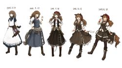 Rule 34 | 1girl, animal ears, apron, artist name, artist progress, belt, belt pouch, blouse, boots, brown hair, collar, dated, gloves, grin, hair between eyes, hair ornament, hairclip, hand on own hip, hand up, hands on own hips, kerchief, knee boots, lansane, long hair, long sleeves, multiple views, o-ring, o-ring belt, one eye closed, open mouth, orange eyes, original, pantyhose, pouch, sharp teeth, shirt, sidelocks, simple background, skirt, smile, standing, tachi-e, tail, teeth, tsana (lansane), vest, white background, wolf ears, wolf tail, wristband, yellow eyes