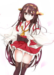 Rule 34 | 10s, 1girl, bad id, bad pixiv id, bare shoulders, black thighhighs, blouse, breasts, brown eyes, brown hair, detached sleeves, hair ornament, hairband, haruna (kancolle), headgear, japanese clothes, kantai collection, kurume shou, long hair, nontraditional miko, panties, pantyshot, shirt, skirt, smile, solo, thighhighs, underwear, upskirt, very long hair, white panties