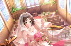 Rule 34 | 1girl, bench, blush, bouquet, bridal gauntlets, bridal veil, bride, brown hair, church, church interior, dress, flower, green eyes, harada miyo, holding, holding bouquet, idolmaster, idolmaster cinderella girls, idolmaster cinderella girls starlight stage, indoors, lace, lace-trimmed dress, lace-trimmed veil, lace trim, light particles, light rays, looking at viewer, official art, short hair, smile, solo, sparkle, stained glass, sunlight, tiara, veil, wedding dress, wooden bench