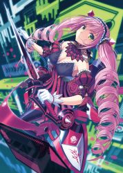 Rule 34 | 1girl, bare shoulders, box sentou shoujo, breasts, cleavage, drill hair, flying, gloves, green eyes, hairband, kitiroku, large breasts, lolita hairband, looking at viewer, original, pink hair, solo, sword, thighhighs, twin drills, twintails, weapon