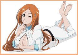 Rule 34 | ass, barefoot, bleach, breasts, cleavage, hair ornament, highres, inoue orihime, large breasts, long hair, looking at viewer, lying, on stomach, one eye closed, orange hair, sha11021997, wink