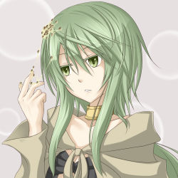 Rule 34 | 1girl, breasts, caam serenity of gusto, calm, silent gusta, cleavage, collarbone, duel monster, food, green eyes, green hair, matching hair/eyes, nattou, ponytail, robe, shintani tsushiya, sidelocks, small breasts, solo, yu-gi-oh!