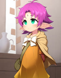 Rule 34 | 1girl, absurdres, arms behind back, bag, blush, bow, cape, closed mouth, collarbone, dress, eyebrows, facial mark, fae (fire emblem), female focus, fire emblem, fire emblem: the binding blade, forehead mark, green eyes, highres, hondaranya, indoors, nintendo, orange dress, pink hair, pointy ears, satchel, short hair, smile, solo, split mouth, standing, textless version, white bow