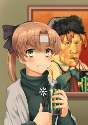 Rule 34 | 1girl, akigumo (kancolle), alternate costume, bad id, bad pixiv id, bags under eyes, black ribbon, brown hair, can, cold pack, drink can, drinking straw, drooling, energy drink, fine art parody, green eyes, green sweater, hair ribbon, highres, kantai collection, long hair, looking at viewer, mole, mole under eye, monster energy, osananajimi neko, parody, ponytail, ribbon, self-portrait with bandaged ear, shawl, soda can, solo, sweater, upper body, vincent van gogh (style)