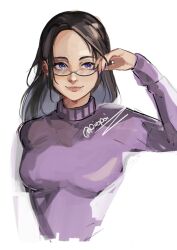 Rule 34 | 1girl, bespectacled, black hair, blue eyes, breasts, commentary, contemporary, english commentary, forehead, glasses, highres, long hair, medium breasts, nico robin, one piece, piro (piropoi), purple sweater, semi-rimless eyewear, signature, smile, solo, sweater, turtleneck, turtleneck sweater, twitter username, under-rim eyewear, upper body