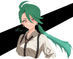 Rule 34 | 1girl, ahoge, black necktie, bright pupils, closed mouth, collared shirt, commentary request, creatures (company), earrings, game freak, green hair, hair between eyes, highres, jewelry, long hair, looking at viewer, necktie, nintendo, pokemon, pokemon sv, ponytail, rayn (rayn px), rika (pokemon), shirt, smile, solo, suspenders, upper body, white pupils