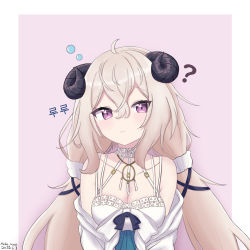 Rule 34 | 1girl, :&lt;, ?, ahoge, artist name, between breasts, border, bow, breasts, character name, choker, cleavage, closed mouth, collarbone, commentary, counter:side, dated, dot nose, dress, dress bow, hair between eyes, hair ornament, hair scrunchie, highres, horns, jewelry, korean text, lace, lace-trimmed dress, lace choker, lace trim, light blush, light brown hair, long hair, looking at viewer, low twintails, lulu (counter:side), medium breasts, multiple straps, necklace, neko huan, off shoulder, outside border, purple background, purple eyes, raised eyebrows, scrunchie, sheep horns, solo, strap between breasts, translated, twintails, upper body, white border, white dress