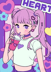Rule 34 | 1girl, blush, choker, closed mouth, commentary, crop top, cup, dated, disposable cup, drinking straw, english text, facial mark, heart, highres, holding, holding cup, long hair, looking at viewer, midriff, neki (wakiko), original, pink hair, purple choker, purple eyes, purple skirt, shirt, short sleeves, skirt, solo, twintails, twitter username, upper body, very long hair, white shirt