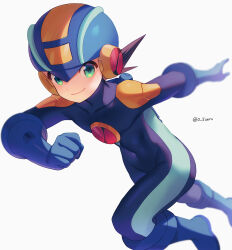 Rule 34 | 1boy, blue bodysuit, blue headwear, bodysuit, brown hair, clenched hand, closed mouth, covered collarbone, covered navel, green eyes, helmet, highres, looking at viewer, male focus, mega man (series), mega man battle network (series), megaman.exe, outstretched arm, short hair, simple background, smile, solo, spiked hair, twitter username, white background, zero-go