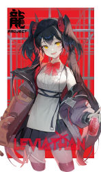 Rule 34 | 1girl, absurdres, black hair, black skirt, bobby pin, bow, can, coca-cola, english text, frills, grey jacket, grey legwear, gun, highres, holding, holding can, holding gun, holding weapon, horns, id card, jacket, long hair, looking at viewer, monkey bars, multicolored hair, open clothes, open jacket, open mouth, original, red bow, red hair, red horns, red pupils, red theme, sharp teeth, skindentation, skirt, soda, solo, soyoong jun, teeth, triangle, twintails, upper teeth only, weapon, yellow eyes