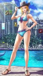 Rule 34 | 1girl, alternate costume, bikini, blonde hair, blue eyes, breasts, capcom, cleavage, cowboy hat, earrings, final fight, final fight 3, hand on own hip, hat, jewelry, legs, lucia morgan, medium hair, navel, one eye closed, sandals, smile, solo, street fighter, street fighter v, swimsuit, thighs, toes, wajuniorbox, wink