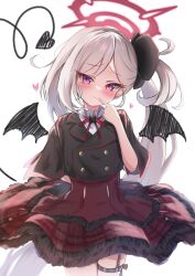 Rule 34 | 1girl, black shirt, black wings, blue archive, blush, buttons, closed mouth, commentary, cowboy shot, demon tail, double-breasted, finger to mouth, frilled skirt, frills, halo, heart, highres, index finger raised, long hair, looking at viewer, mutsuki (blue archive), neck ribbon, purple eyes, red halo, red ribbon, red skirt, ribbon, shirt, short sleeves, side ponytail, simple background, skirt, solo, tail, thigh strap, white background, white hair, wings, xeneca
